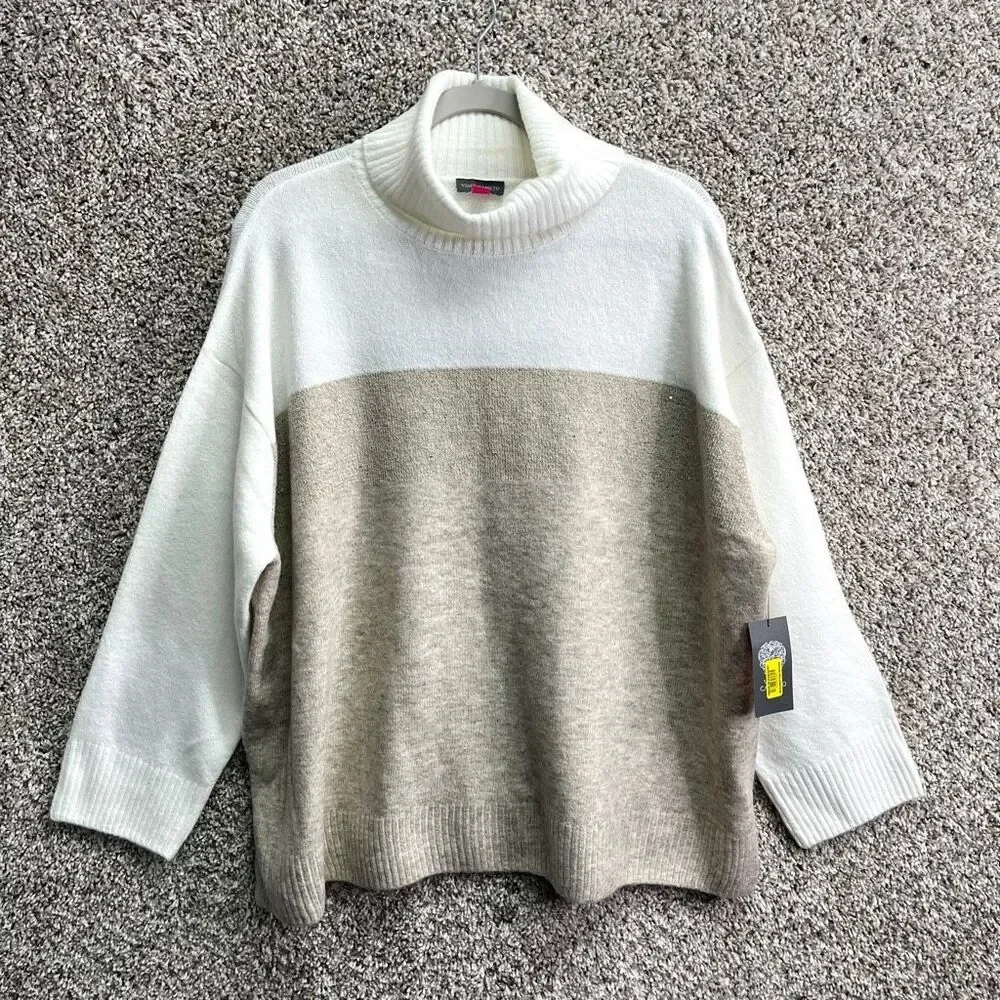 Vince Camuto Sweater Women’s 2X White &‎ Oatmeal Tan Knit Turtleneck NWT